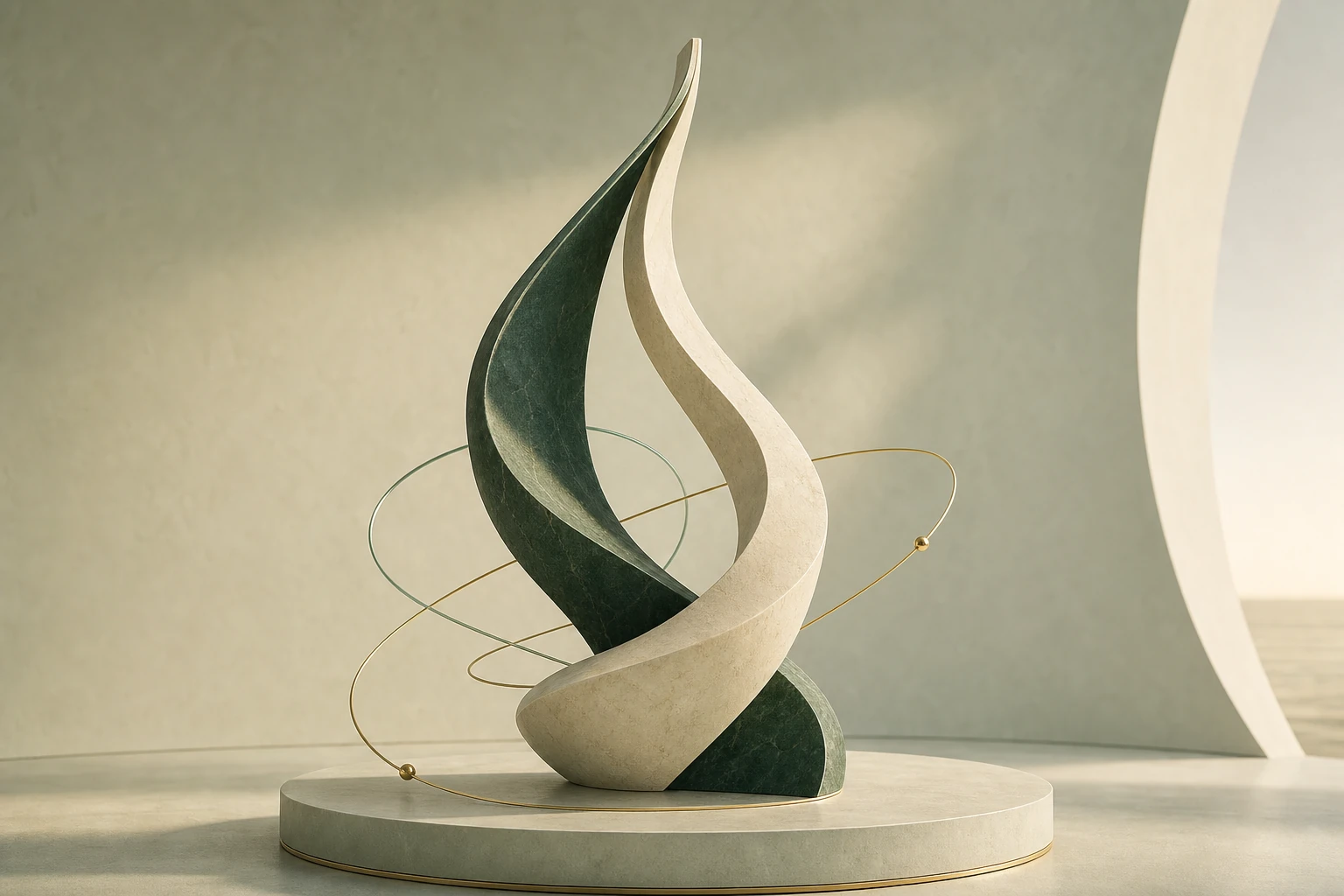Two interlocking sculptural forms joining into one upward-reaching arc
